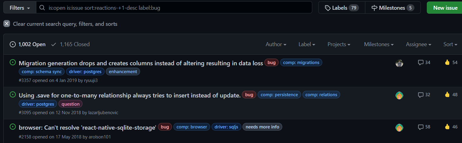 2022년 10월 31일 현재, GitHub 이슈 보드에 bug 라벨이 달린 이슈만 1천개가 넘는다.